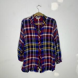 HESTER'S ORCHARD Multicolored Plaid Button Front Roll Sleeve Rayon Top Large